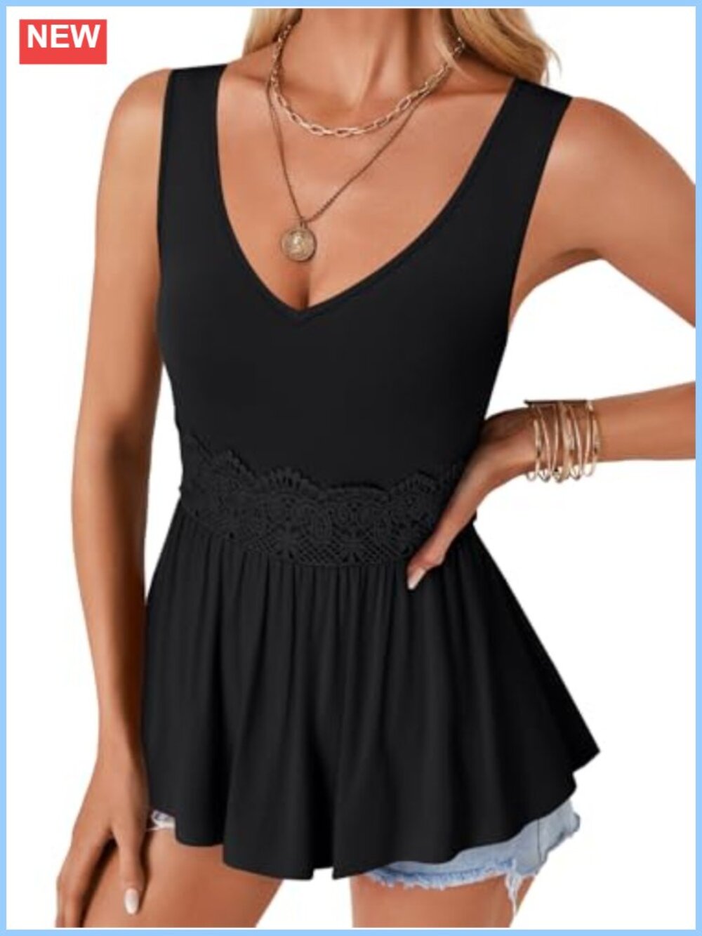Lace Trim V Neck Tank Top Sleeveless Ruching Peplum Blouse